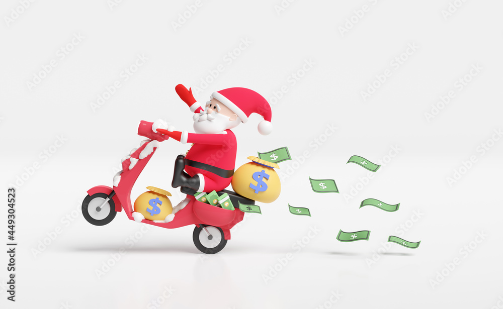 cartoon santa claus with scooter transport bag money,banknote isolated on pink background.Quick credit approval or loan approval concept isolated on white background,3d illustration or 3d render cartoon santa claus with scooter transport bag money,banknote isolated on pink background.Quick credit approval or loan approval concept isolated on white background,3d illustration or 3d render