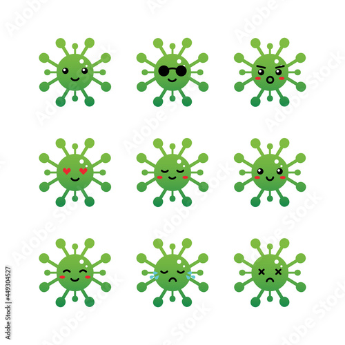 Set, collection, pack of virus, bacteria emoji, vector cartoon style icons of green virus characters with different facial expressions, happy, sad, crying, angry.