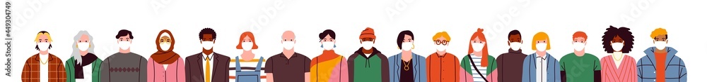Big diverse people crowd wearing face mask on isolated white background. Young and old adult characters in flat cartoon style. Disease prevention or air pollution protection concept.