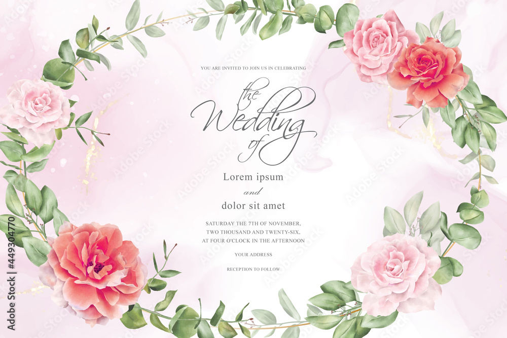 Vintage Wedding Invitation Design Template with Floral and Alcohol Ink Background