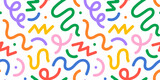 Fun colorful line doodle seamless pattern. Creative minimalist style art background for children or trendy design with basic shapes. Simple childish scribble backdrop.