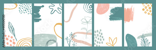 Abstract nature shape template collection with tropical plant leaf and watercolor paint doodles in soft earth colors. Minimalist hand drawn background set, social media post banner.