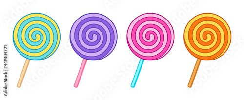 Swirl lollipop, spiral candy set vector illustration isolated