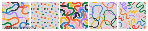 Fun colorful seamless pattern collection. Creative minimalist style art background for children or trendy design with basic shapes. Simple childish doodle backdrop set.