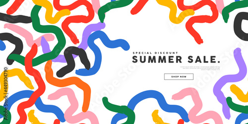 Summer sale banner of colorful paint brush stroke art. Business template with copy space on isolated background. Seasonal online store advertisement card or social media post.