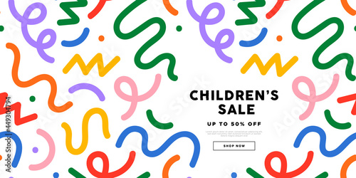 Children sale banner of colorful cute kid doodle line drawings. Business template with copy space on isolated background. Child online store advertisement card or social media post.