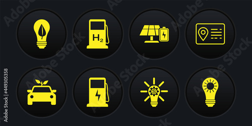 Set Eco car concept drive, Address book, Electric charging station, Light bulb with gear, Solar energy panel and battery, Hydrogen filling, and leaf icon. Vector