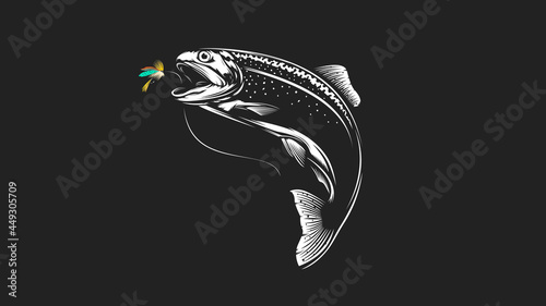 Rainbow trout jumping out water.Salmon isolated on white background. Concept art for horoscope, tattoo or colouring book.