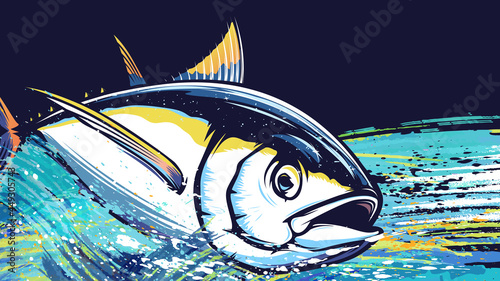 Tuna big fishing on white logo illustration. Vector illustration can be used for creating logo and emblem for fishing clubs, prints, web and other crafts.