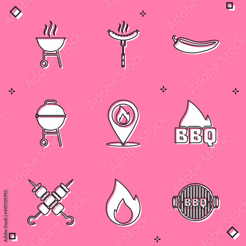 Set Barbecue grill, Sausage on the fork, Hot chili pepper pod, Location with fire flame, Grilled shish kebab and Fire icon. Vector