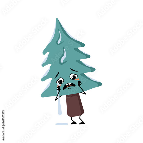 Cute Christmas tree with crying and tears emotion, sad face, depressive eyes, arms and legs. Pine with eyes. New year festive decoration, fir with depression expression
