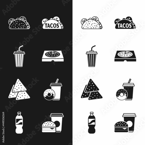 Set Pizza in cardboard box, Glass with water, Taco tortilla, Nachos, Soda drink donut, Coffee and burger and Bottle icon. Vector