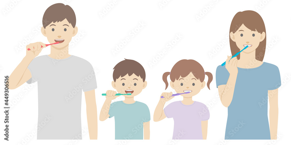 Vector illustration of young family brushing teeth together. Vector illustration of young family brushing teeth together.