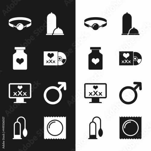 Set Disc with inscription Sex, Bottle pills for potency, Silicone ball gag, Condoms safe sex, Monitor 18 plus content, Male gender symbol, package and Penis pump icon. Vector