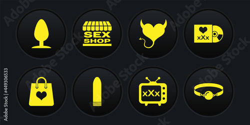 Set Shopping bag with heart, Disc inscription Sex, Dildo vibrator, tv old television, Devil horns, shop building, Silicone ball gag and Anal plug icon. Vector photo