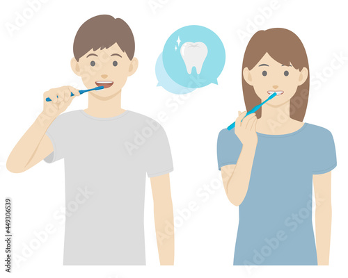 Vector illustration of man and woman brushing their teeth.