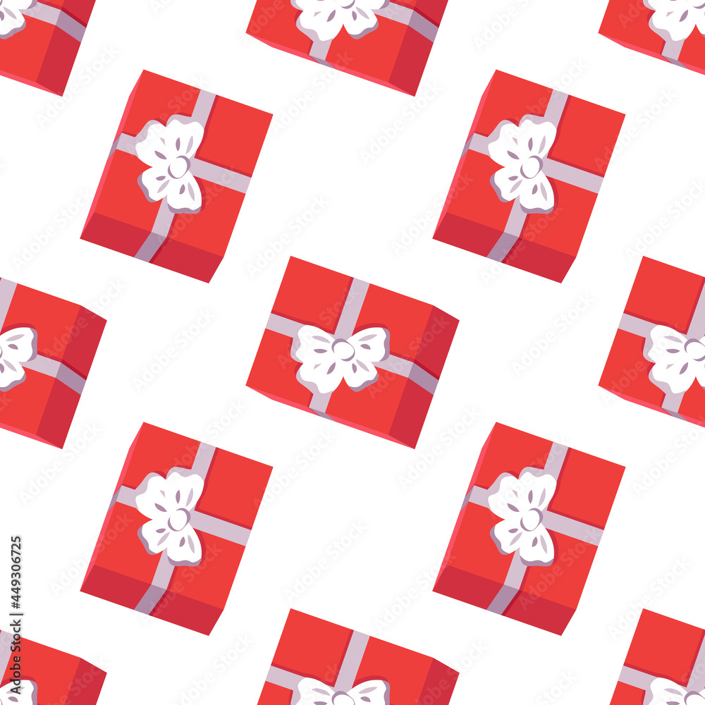 Seamless pattern with red boxes of gifts for Happy New Year. Festive print for Christmas and winter holidays, textiles, wrapping paper and designer decorations Seamless pattern with red boxes of gifts for Happy New Year. Festive print for Christmas and winter holidays, textiles, wrapping paper and designer decorations
