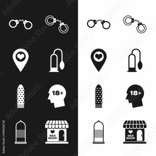 Set Penis pump, Location with heart, Handcuffs, Sexy fluffy handcuffs, Dildo vibrator, Head 18 plus, shop building and Condom safe sex icon. Vector