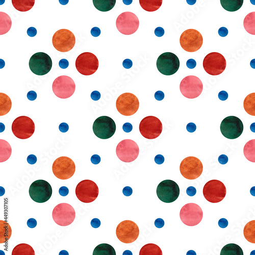 Seamless background of various watercolor circles. Suitable for printing on fabric. Polka dot background. 