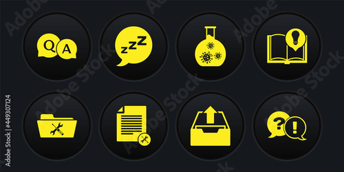 Set Folder service, Interesting facts, File document, Upload inbox, Test tube with virus, Speech bubble snoring, Question and Exclamation and Answer icon. Vector