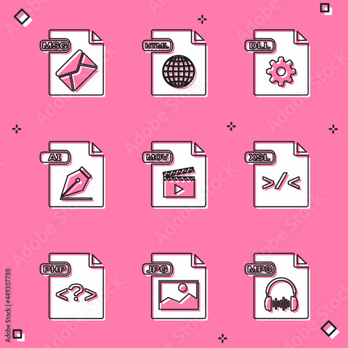 Set MSG file document, HTML, DLL, AI, MOV, XSL, PHP and JPG icon. Vector
