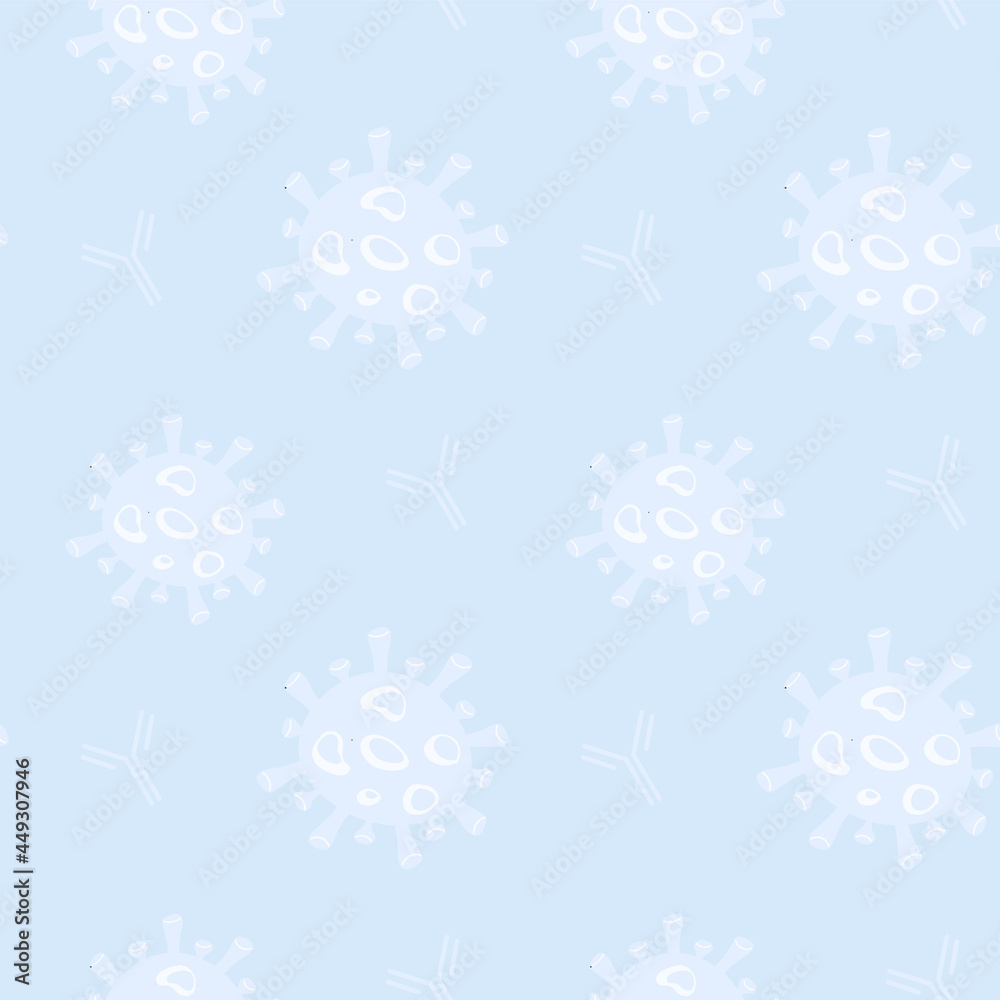 Naklejka premium Seamless pattern with Covid Antibodies Test sign. Medical symbol of virus antibody. Repeated background in pale colors. Vector illustration in flat style.