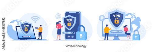 vpn technology system, browser unblock website, internet connection flat illustration vector photo