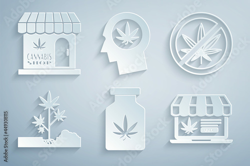 Set Medical bottle with marijuana, Stop, Planting, Online buying, Head profile and Marijuana and cannabis store icon. Vector