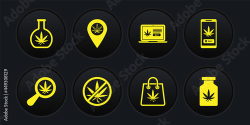 Set Magnifying glass and marijuana, Online buying, Stop, Shopping bag of, Location, Medical bottle with and Test tube icon. Vector