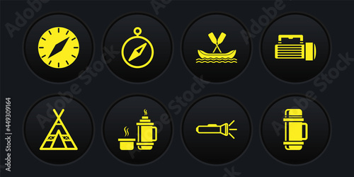 Set Tourist tent, Flashlight, Thermos container, Rafting boat, Compass, and icon. Vector