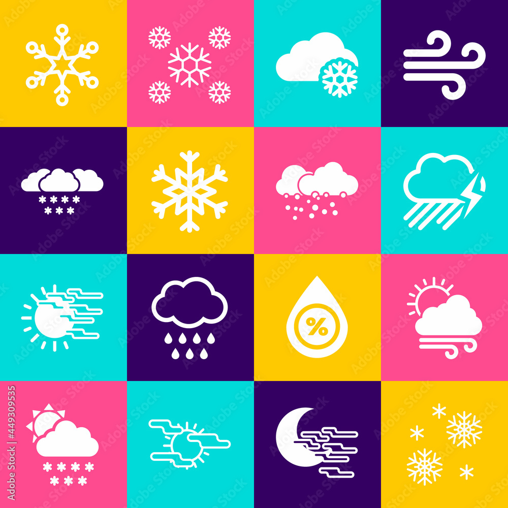 Set Snow, Windy weather, Cloud with rain and lightning, snow, Snowflake and icon. Vector