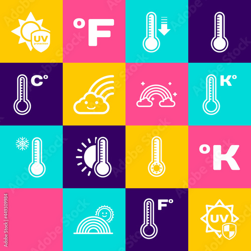 Set UV protection, Kelvin, Meteorology thermometer, Rainbow with cloud, and clouds icon. Vector