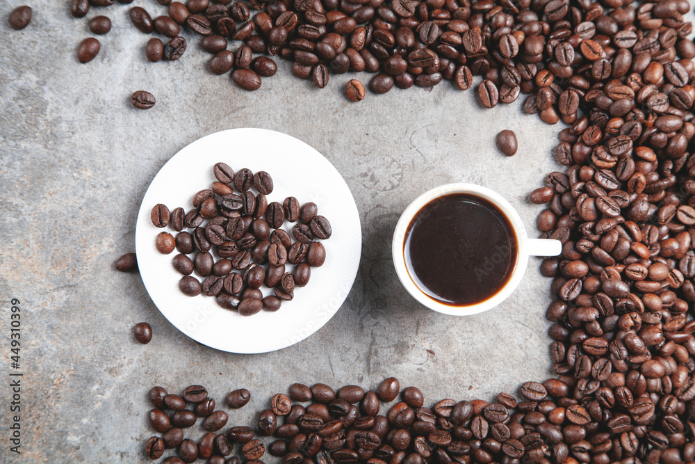 Cup of coffee on coffee beans. Cup of coffee on coffee beans.