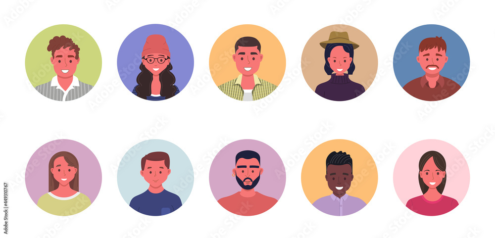 People avatar bundle set. User portraits in circles. Different human face icons. Male and female characters. Smiling men and women characters. Flat cartoon style vector illustration
People avatar bundle set. User portraits in circles. Different human face icons. Male and female characters. Smiling men and women characters. Flat cartoon style vector illustration