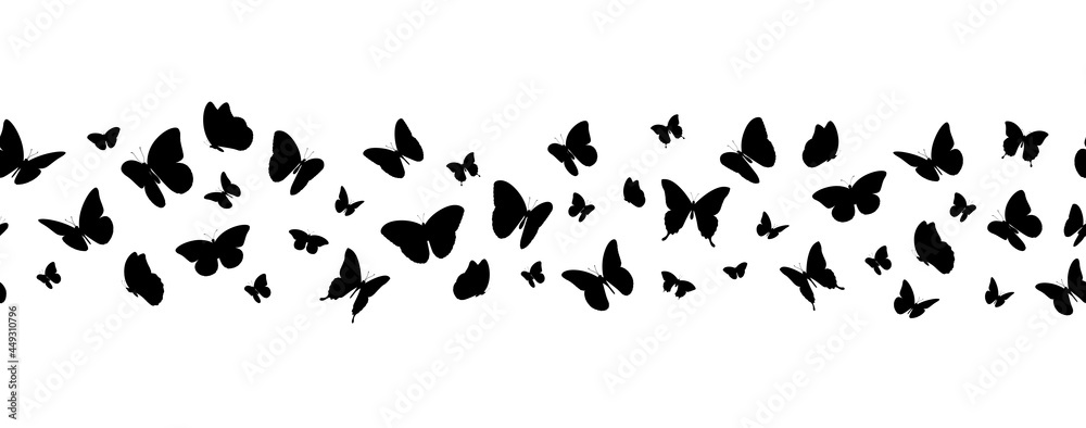 Flying black silhouettes of butterflies seamless horizontal banner. Vector illustration
Flying black silhouettes of butterflies seamless horizontal banner. Vector illustration
