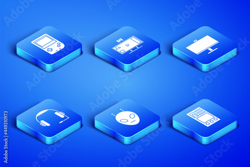 Set Create account screen, Portable video game console, Alien, Headphones, Live streaming online and Computer monitor icon. Vector