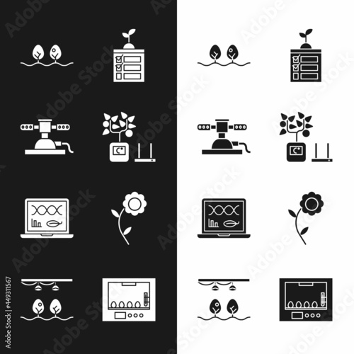 Set Smart farming technology, Automatic irrigation sprinklers, Plant, Genetic engineering modification, Flower, Incubator for eggs and with bulb and plant icon. Vector