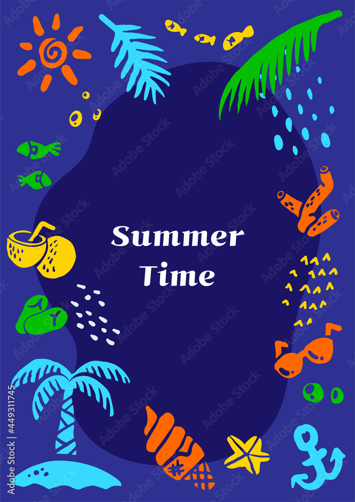 A poster with colorful summer items on a blue background.