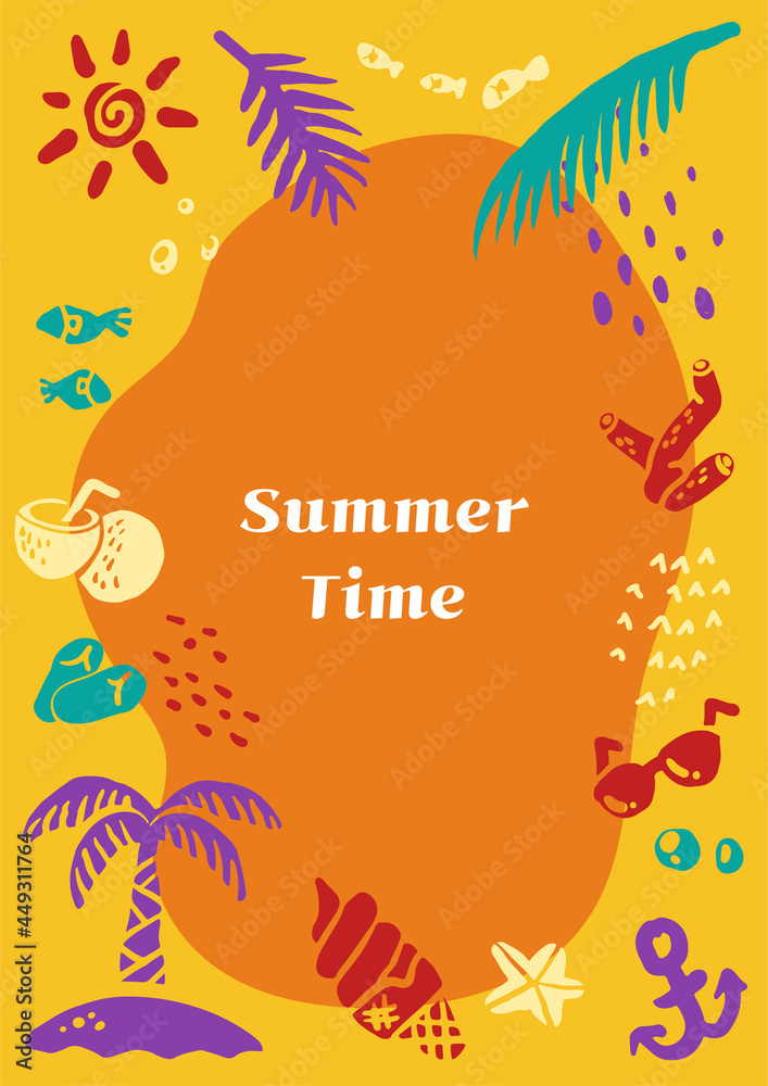 A poster with colorful summer items on a orange background.
