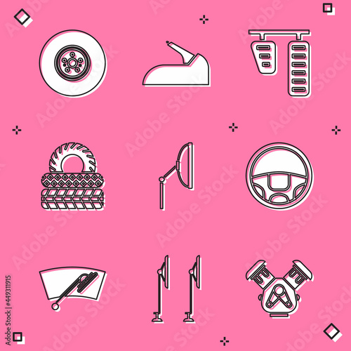 Set Car brake disk, handbrake, gas pedals, tire, Windscreen wiper, Steering wheel, and icon. Vector