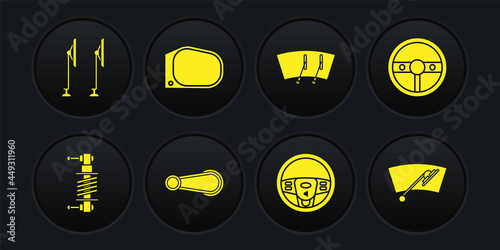 Set Shock absorber, Steering wheel, Car door handle, Windscreen wiper, mirror, and icon. Vector