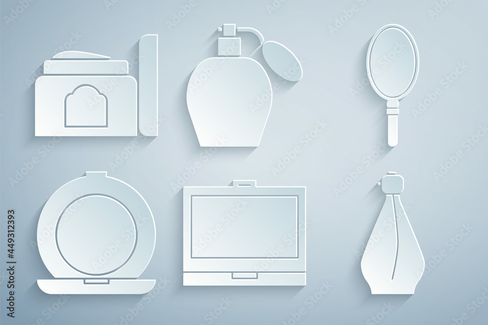 Set Makeup powder with mirror, Hand, Perfume, and Cream cosmetic tube icon. Vector Set Makeup powder with mirror, Hand, Perfume, and Cream cosmetic tube icon. Vector