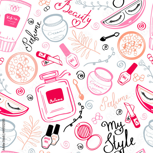 
Vector seamless pattern consisting of cosmetics, perfumery items and cute twigs.Creative design for card, web design background, book cover. Web