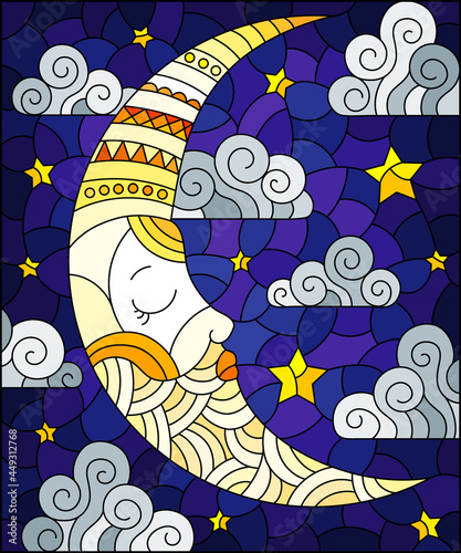 Illustration in stained glass style with moon on cloudy sky background, horizontal orientation