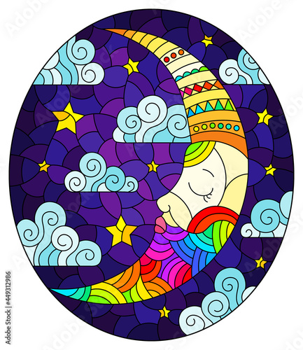 Illustration in stained glass style with moon on cloudy sky background, oval image