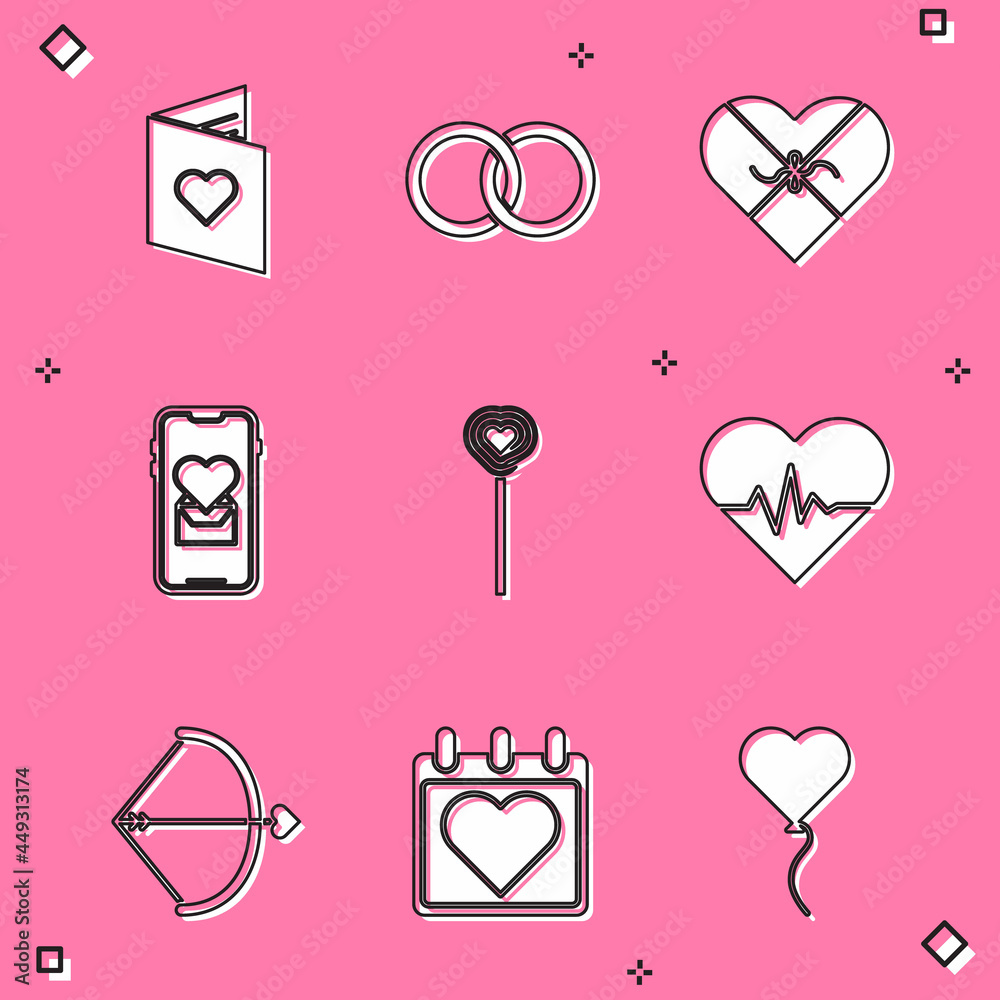 Set Valentines day flyer with heart, Wedding rings, Candy shaped box, Mobile, Lollipop, Heart rate, Bow arrow and Calendar icon. Vector Set Valentines day flyer with heart, Wedding rings, Candy shaped box, Mobile, Lollipop, Heart rate, Bow arrow and Calendar icon. Vector