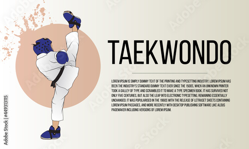Poster, a young fighter shows his skills in taekwondo. Watercolor background
