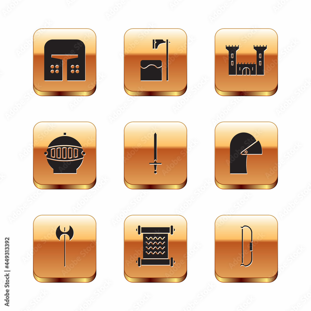 Set Medieval iron helmet, axe, Decree, parchment, scroll, sword, Castle, bow and Executioner in tree block icon. Vector Set Medieval iron helmet, axe, Decree, parchment, scroll, sword, Castle, bow and Executioner in tree block icon. Vector