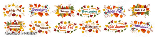 A set of vector autumn wreaths and postcards with the inscription hello autumn, fall, happy Thanksgiving day. Colorful seasonal leaves with text. Vector illustration.