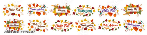 A set of vector autumn wreaths and postcards with the inscription hello autumn, fall, happy Thanksgiving day. Colorful seasonal leaves with text. Vector illustration.